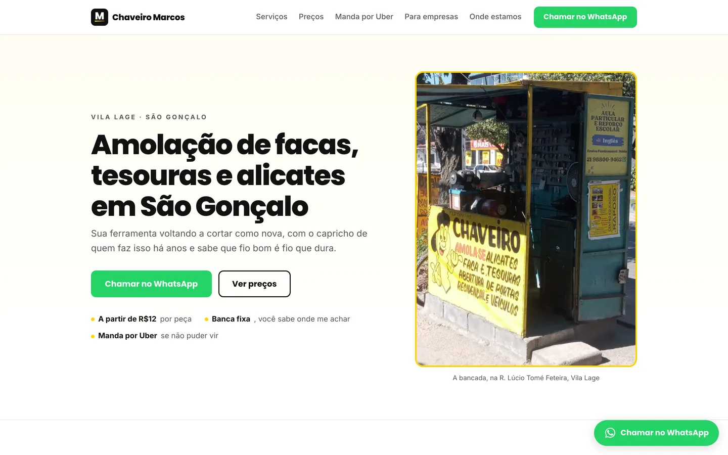 Site do Chaveiro Marcos, em São Gonçalo: manchete de amolação de facas, tesouras e alicates com a foto da banca