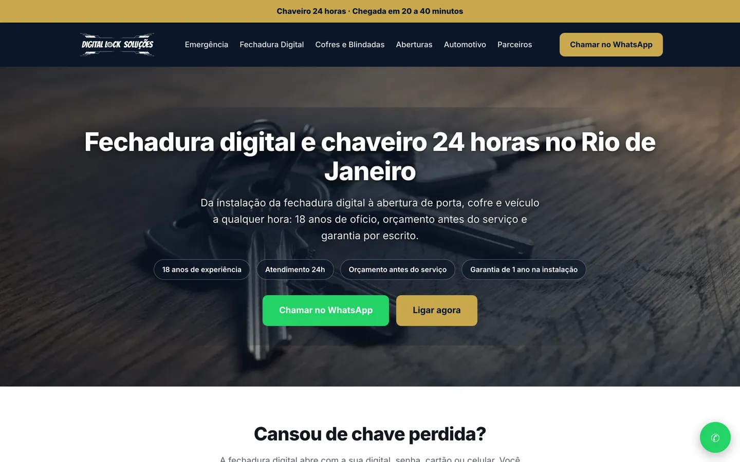 Site da Digital Lock Soluções, no Rio de Janeiro: manchete de fechadura digital e chaveiro 24 horas sobre foto escura de chaves