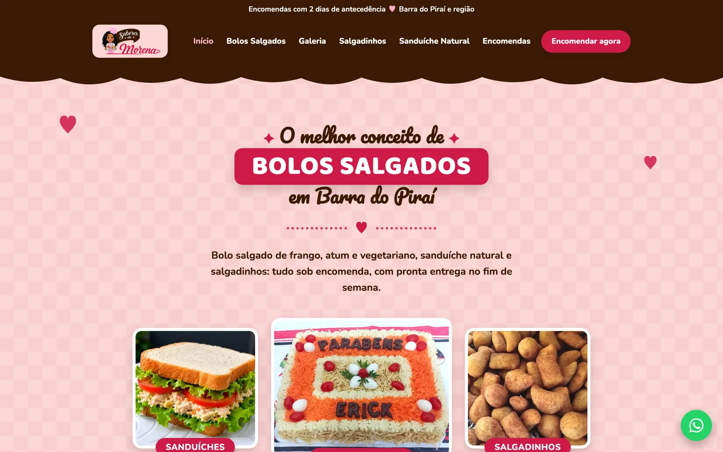 Site da Sabores da Morena, em Barra do Piraí: manchete de bolos salgados em rosa e marrom, com fotos de bolo, sanduíche e salgadinhos