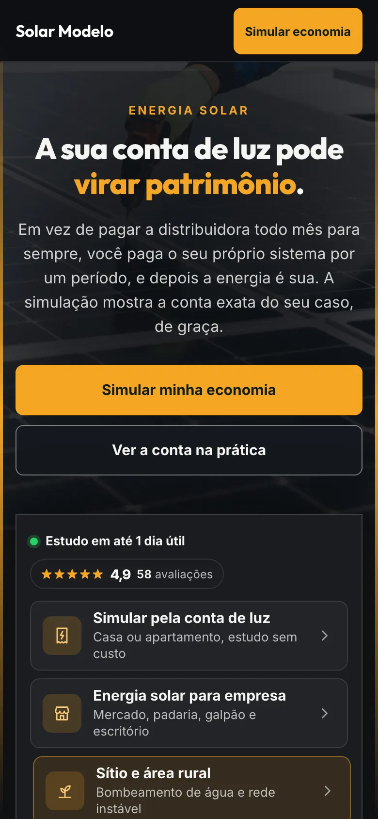 Modelo de site de solar