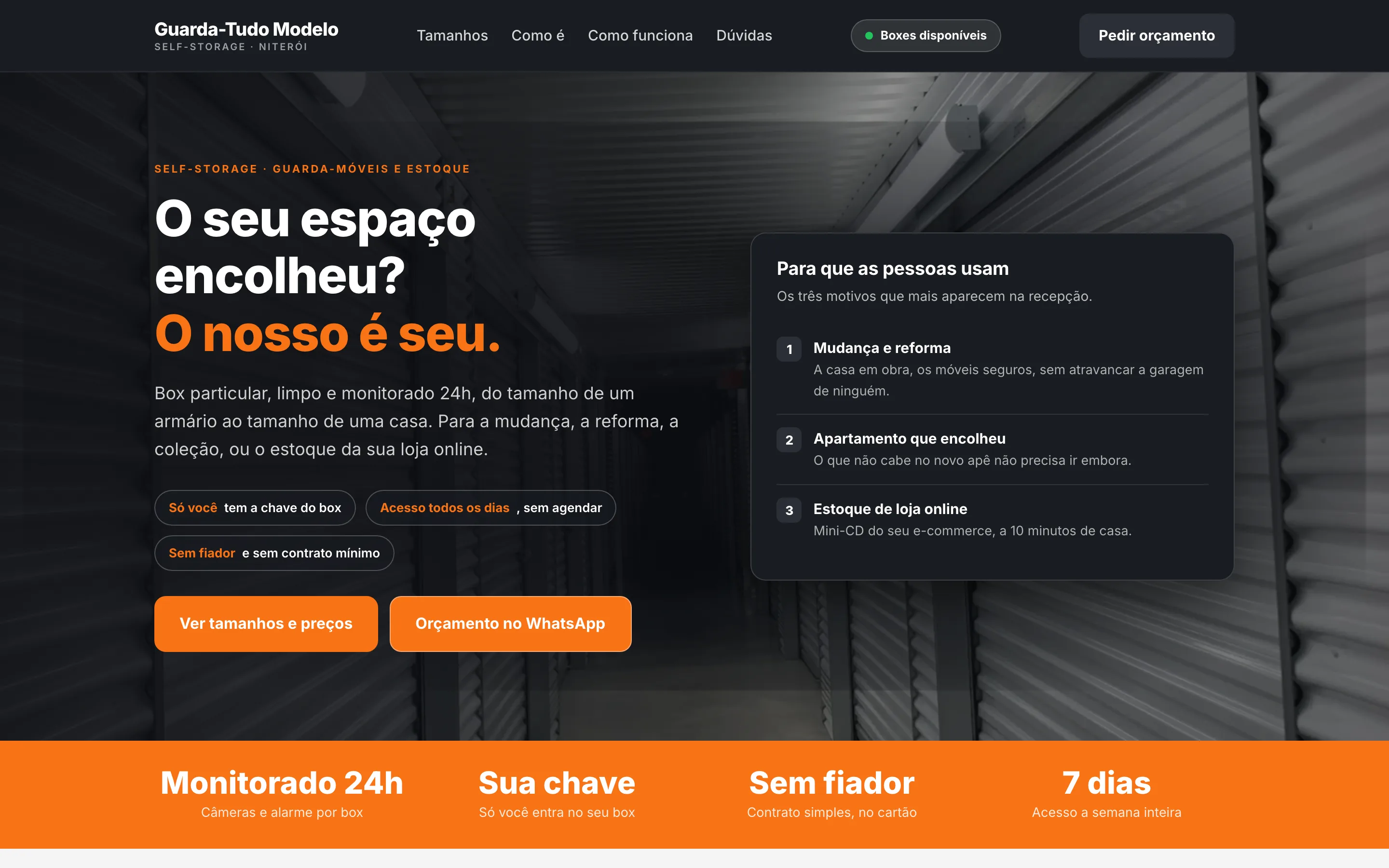 Modelo de site para self-storage e guarda-móveis