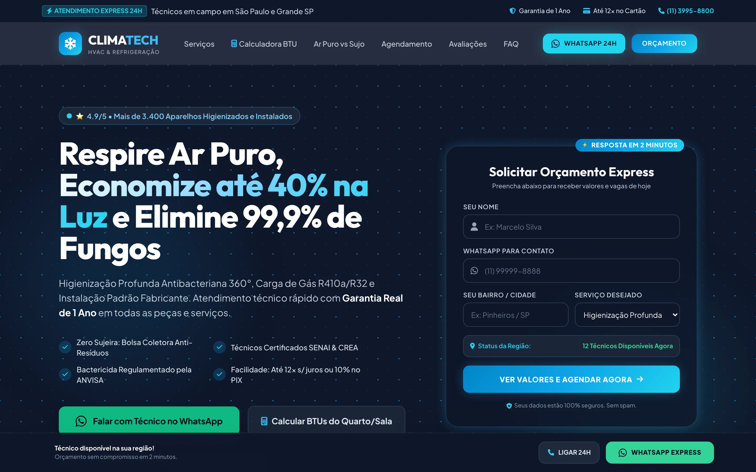 Modelo de landing page para instalação de ar-condicionado