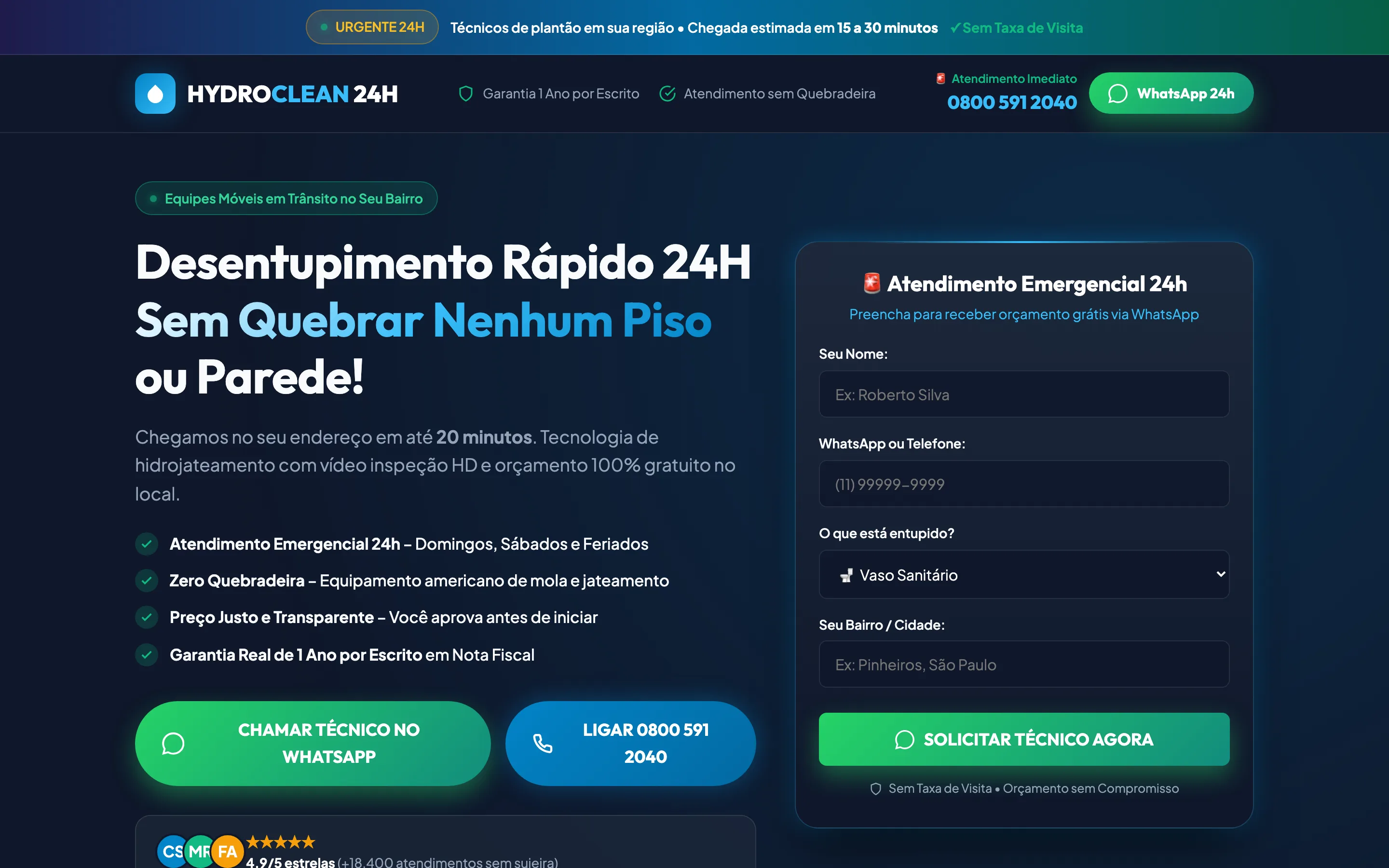 Modelo de landing page para desentupidora 24 horas
