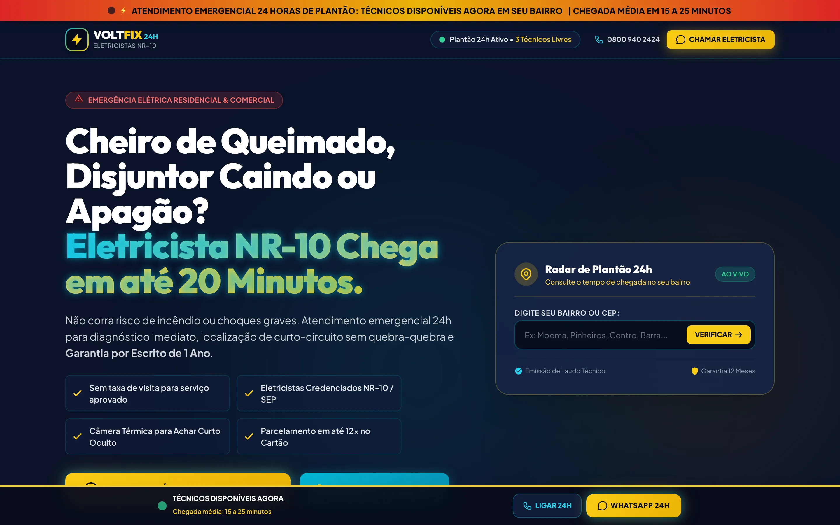Modelo de landing page para eletricista 24 horas