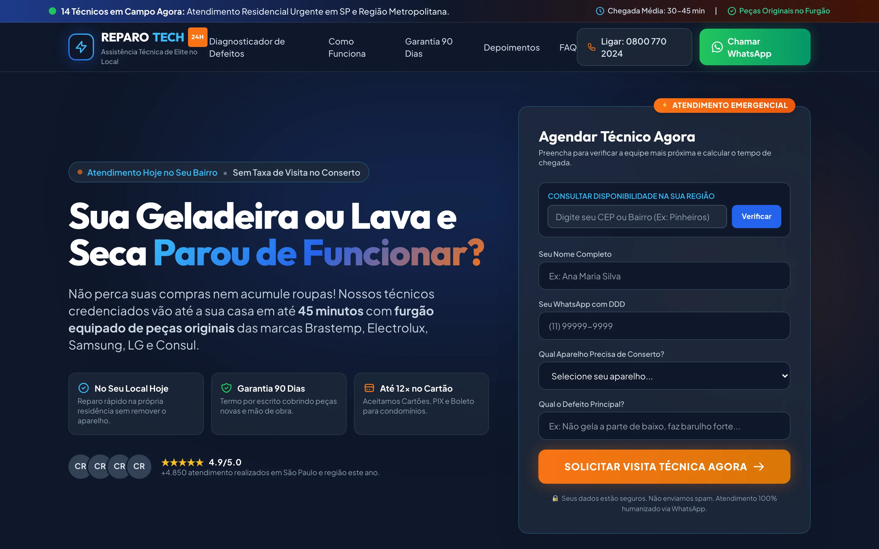 Modelo de landing page para conserto de geladeiras