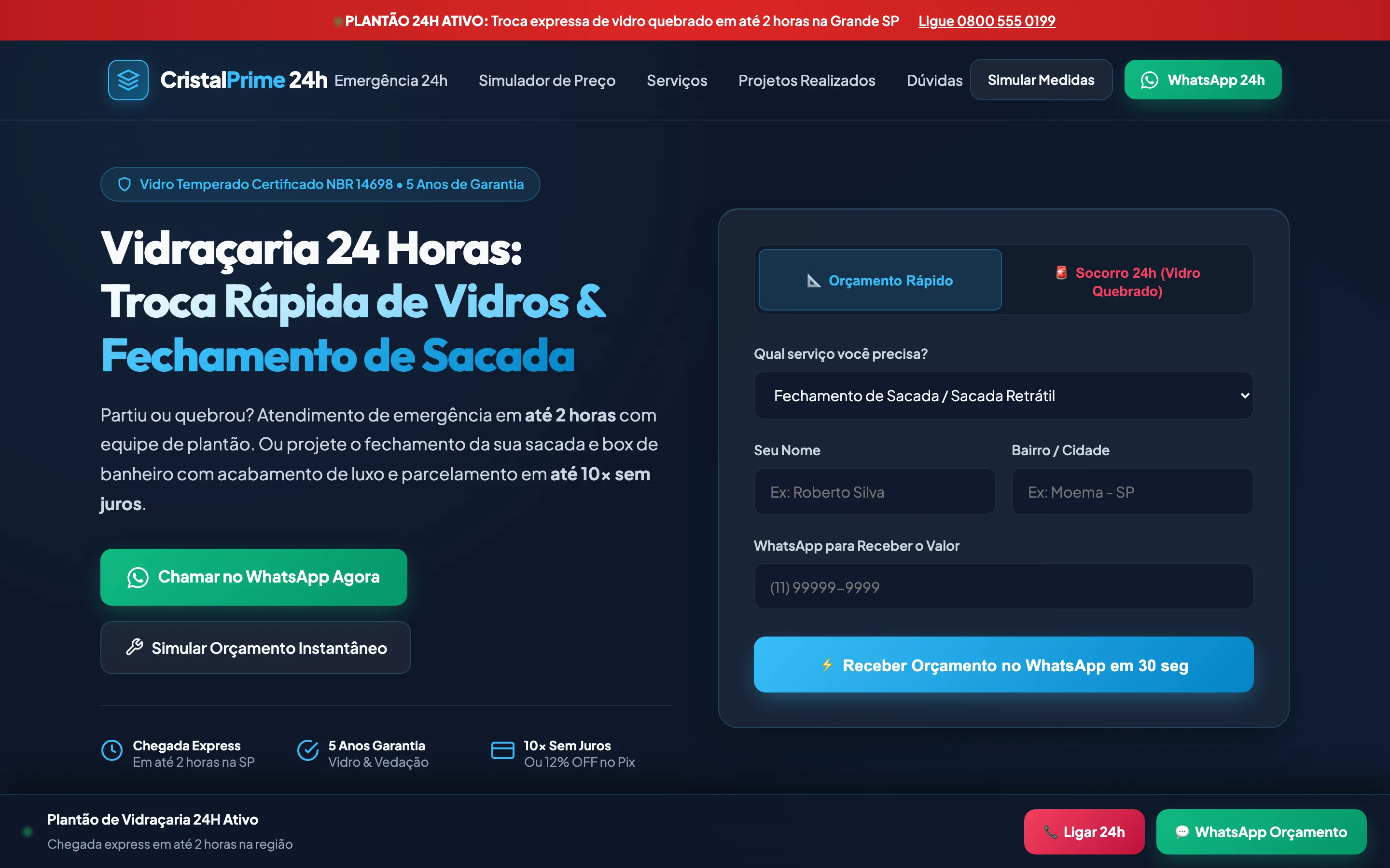 Modelo de landing page para vidraçaria 24 horas