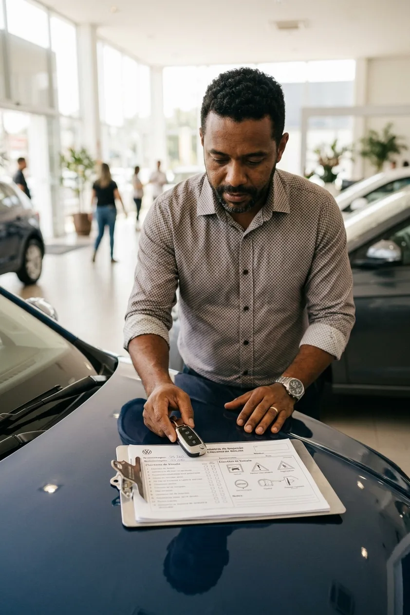 Vendedor conferindo o checklist de entrega sobre o capô, com a chave na mão