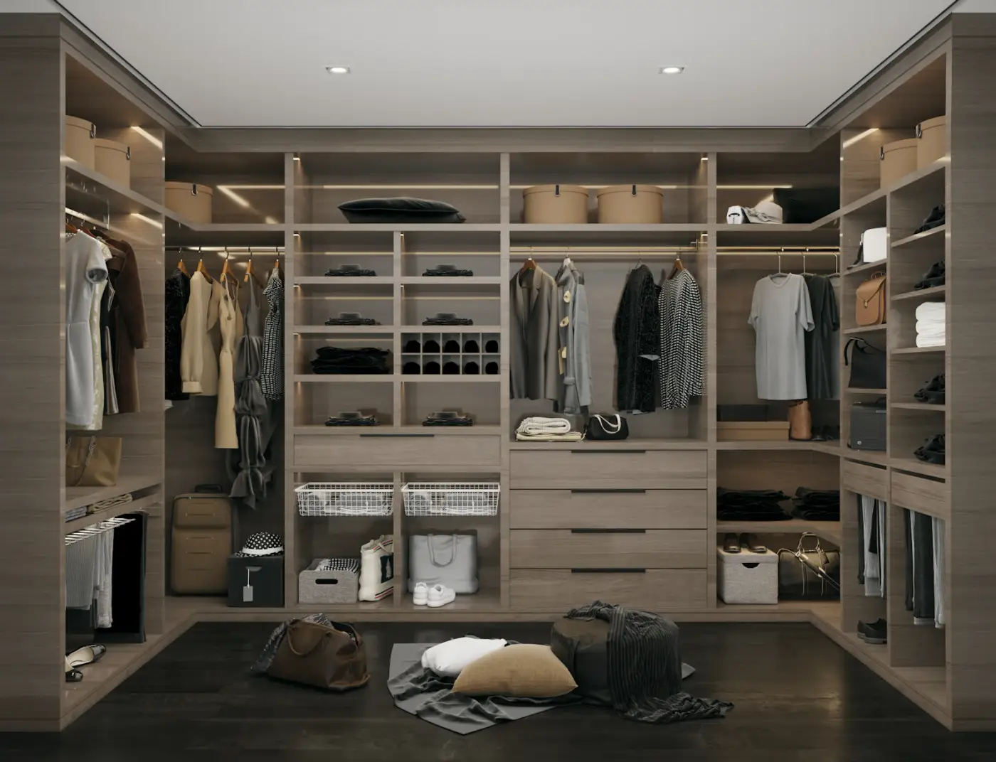 Closet planejado com iluminação embutida