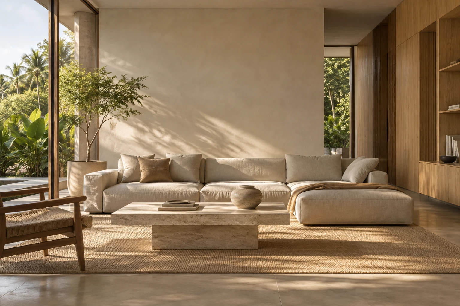 Sala conceitual com sofá de linho, mesa de pedra, madeira e luz natural