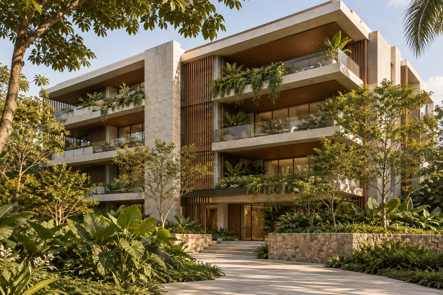 Edifício residencial conceitual com varandas, vegetação e caminho até a entrada
